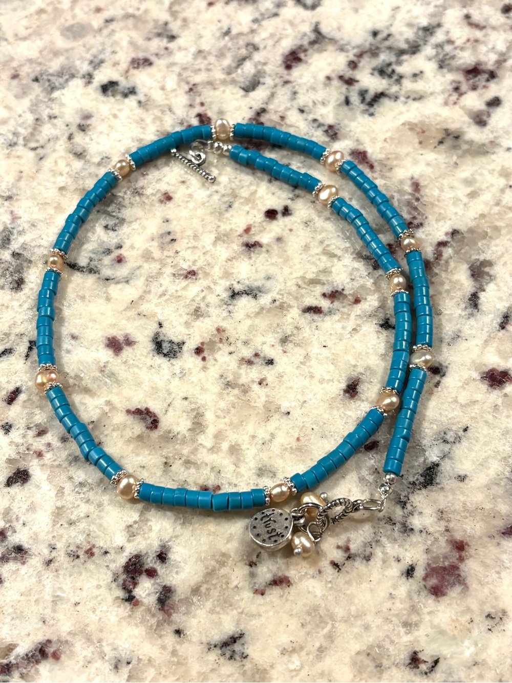 Token Charm Trust Turquoise Heishi & Freshwater Pearl Necklace Handmade - Picture 3 of 4